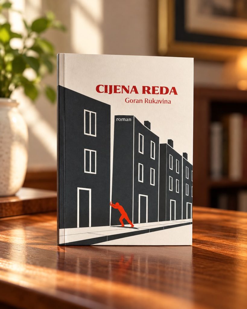 Knjiga „Cijena reda“ Gorana Rukavine na drvenom stolu